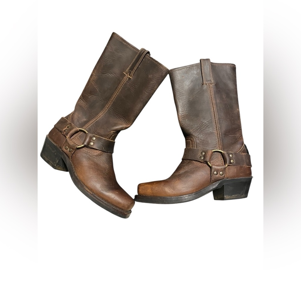 Frye Vintage Brown Leather Square Toe Harness Boots Biker Motorcycle Sz 6.5